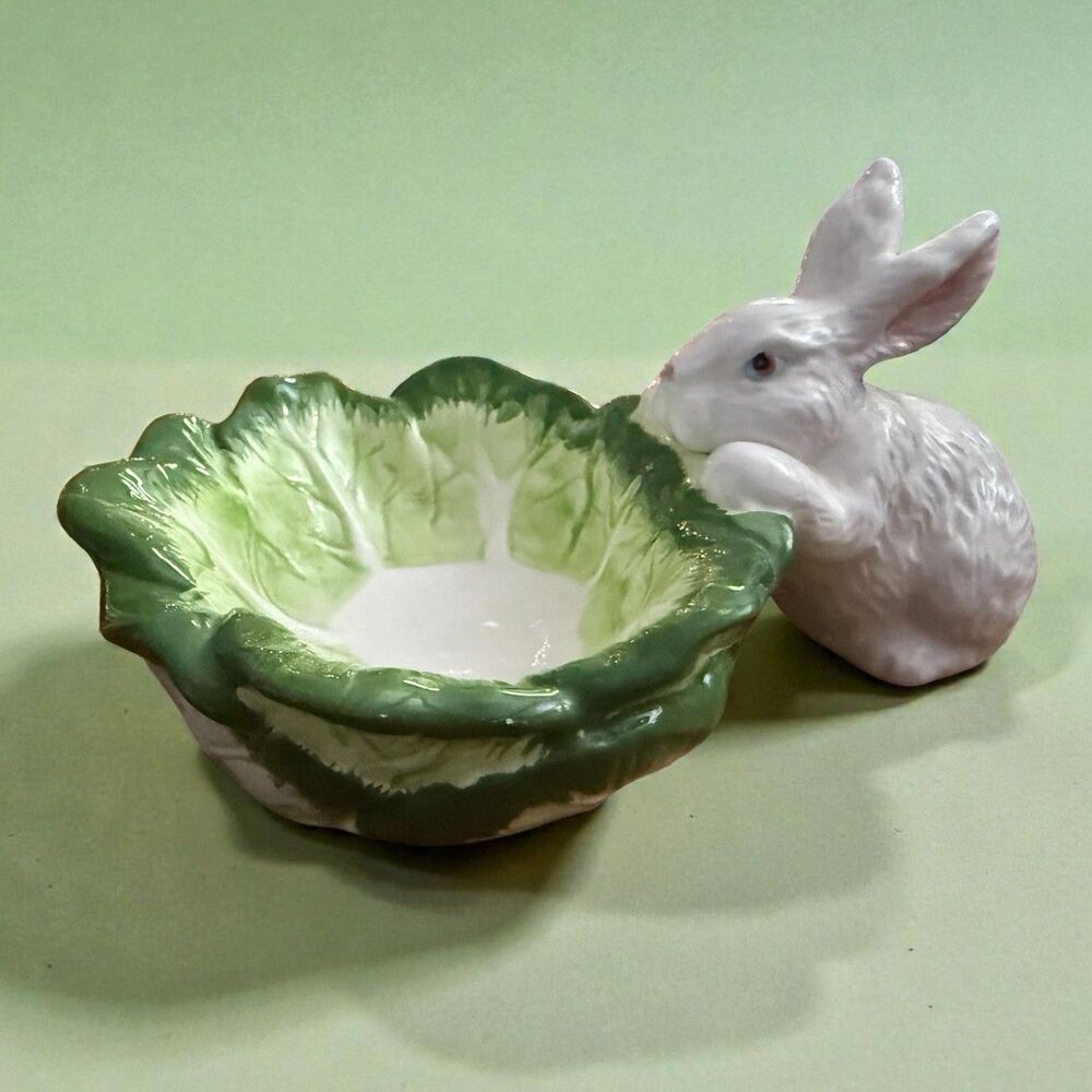 Vintage Dept 56 Ceramic Bunny Rabbit Cabbage Candy Trinket Dish Dip Bowl Easter